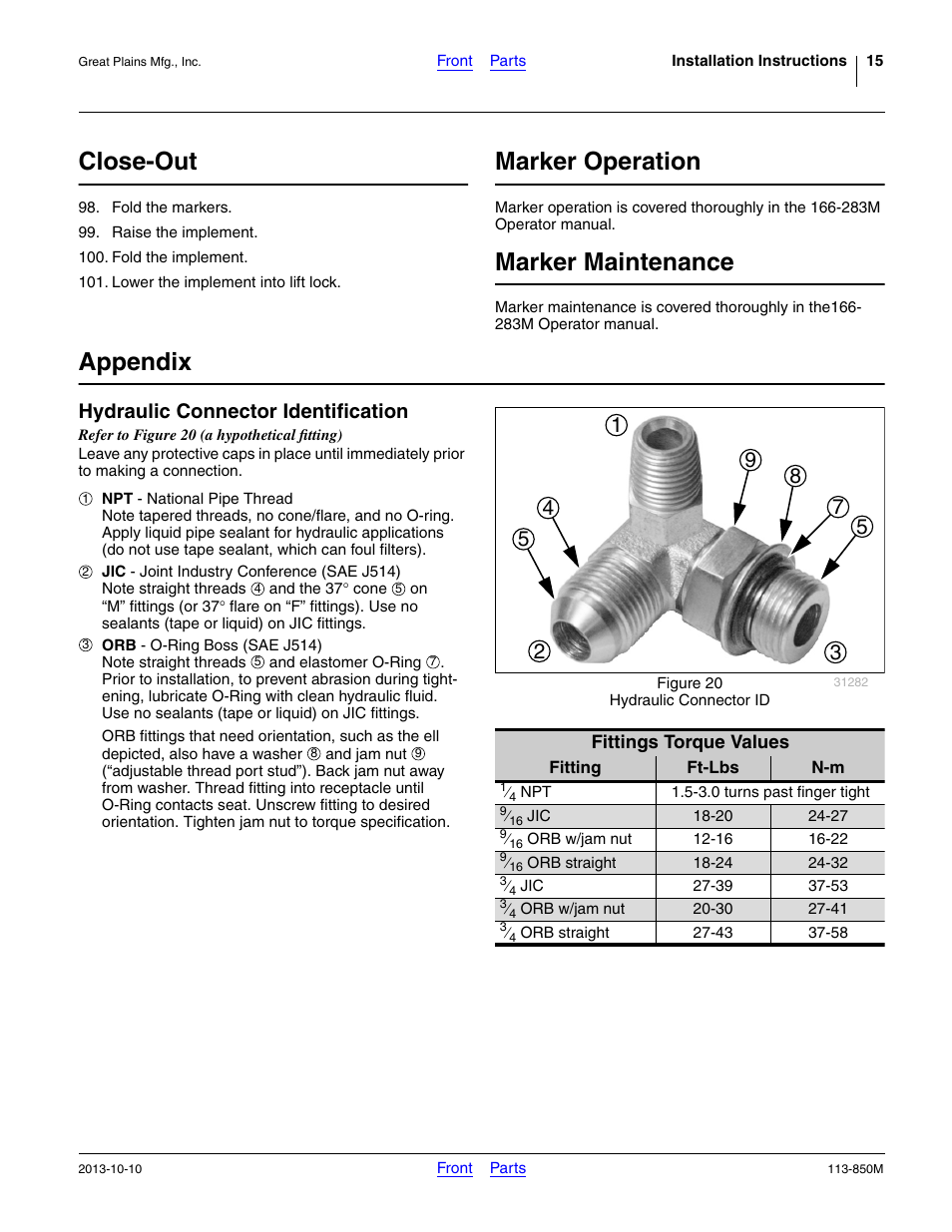 Close-out, Marker operation, Marker maintenance | Appendix, Hydraulic connector identification | Great Plains NTA2007HD Assembly Instructions User Manual | Page 15 / 24