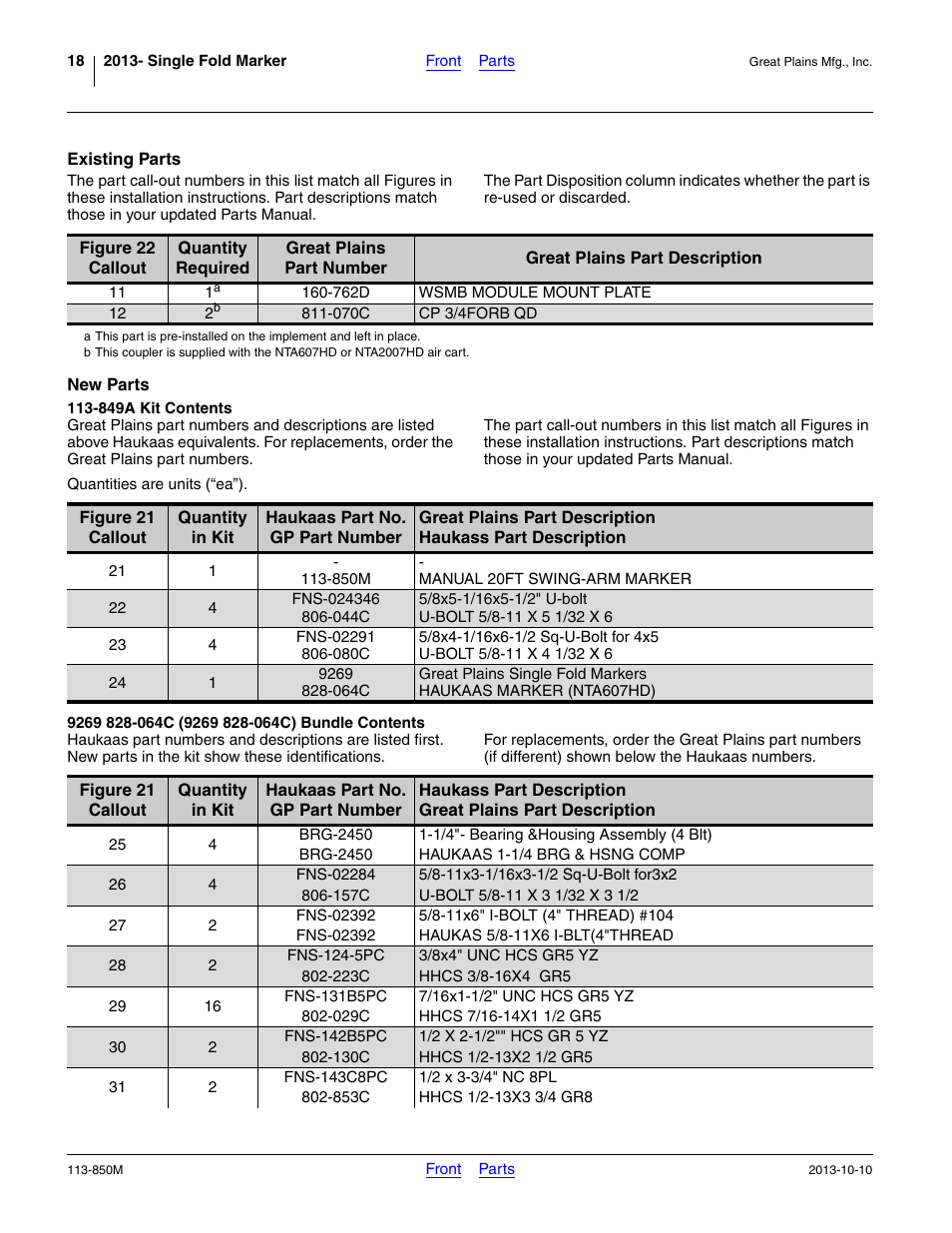Existing parts, New parts, 849a kit contents | 9269 828-064c (9269 828-064c) bundle contents, Parts, Ange 11 to 12 ref, Fns-02284, 5/8-11x3-1/16x3-1/2 sq-u-bolt for3x2, 762d wsmb module mount plate, Without disconnecting the | Great Plains NTA2007HD Assembly Instructions User Manual | Page 18 / 24