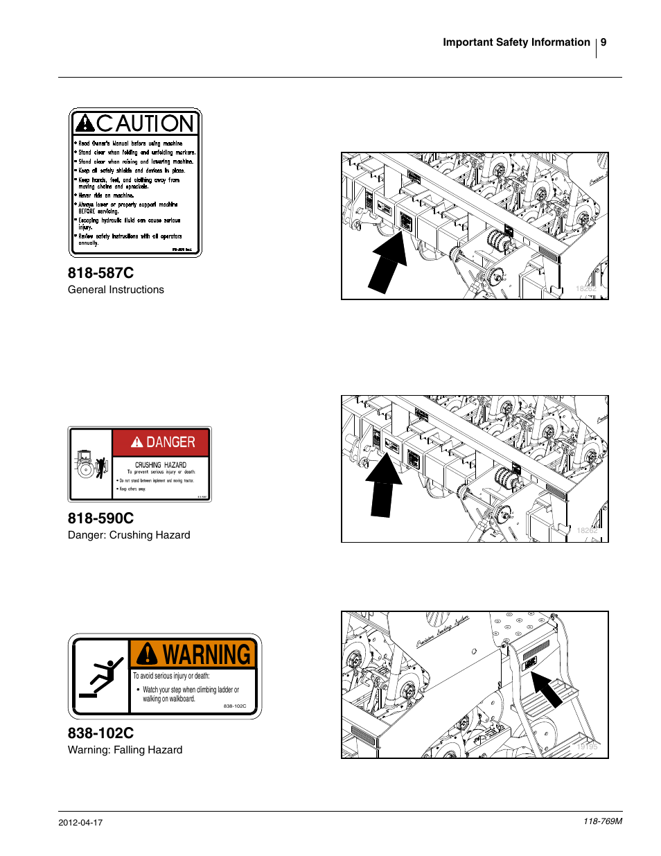 Warning, 587c, 590c | 102c | Great Plains 2420P Operator Manual User Manual | Page 11 / 96