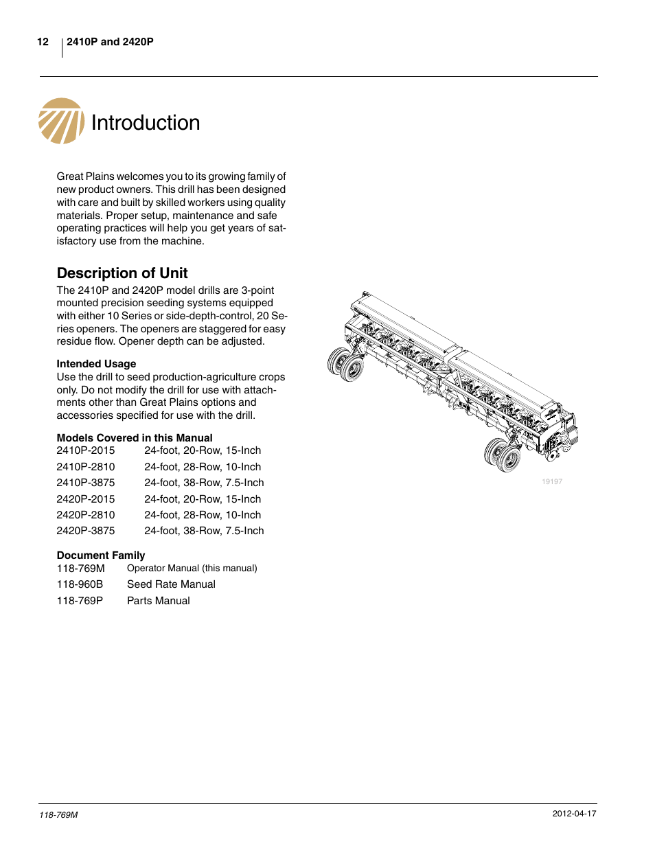 Introduction, Description of unit | Great Plains 2420P Operator Manual User Manual | Page 14 / 96