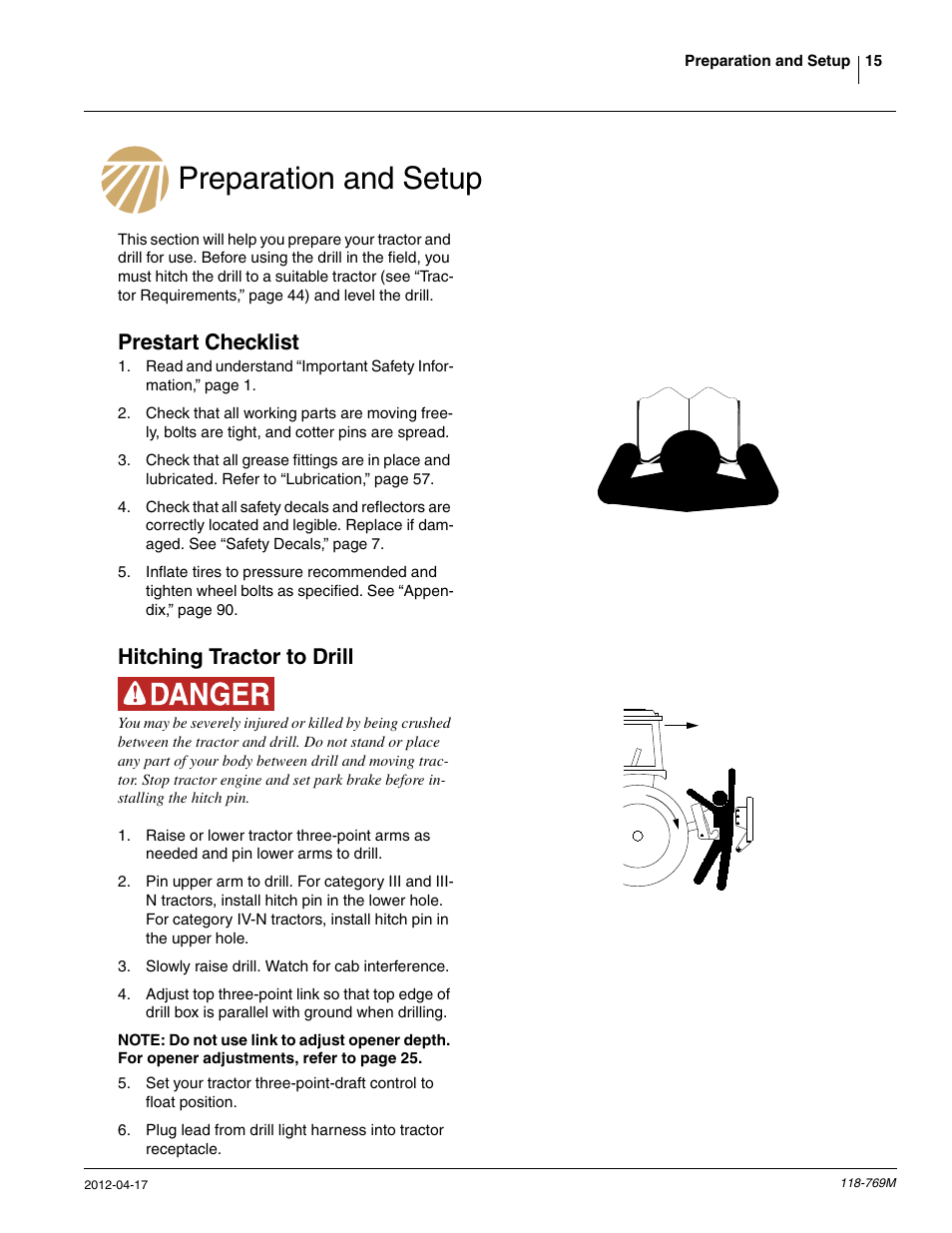Preparation and setup, Prestart checklist, Hitching tractor to drill | Great Plains 2420P Operator Manual User Manual | Page 17 / 96