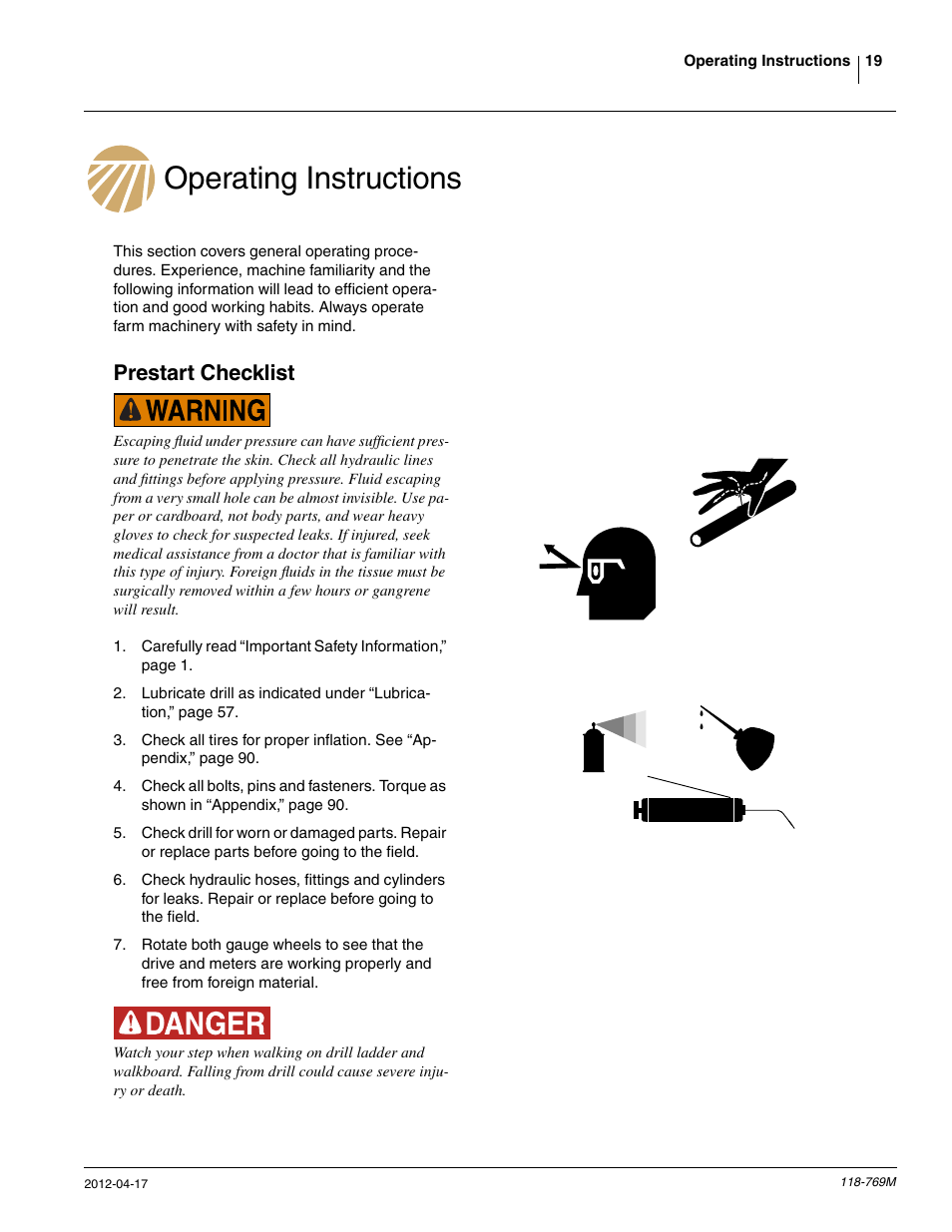 Operating instructions, Prestart checklist | Great Plains 2420P Operator Manual User Manual | Page 21 / 96
