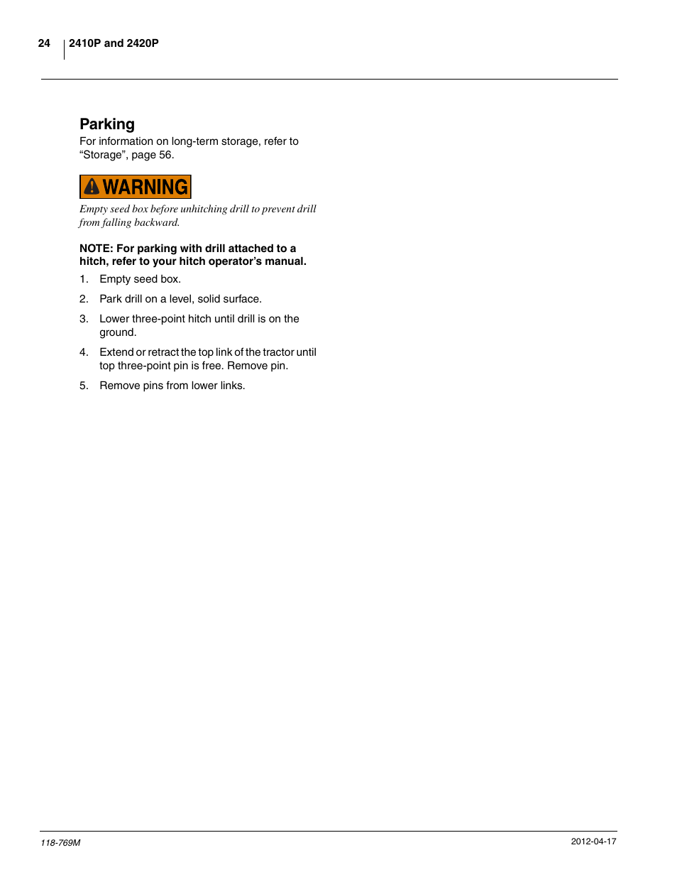 Parking | Great Plains 2420P Operator Manual User Manual | Page 26 / 96
