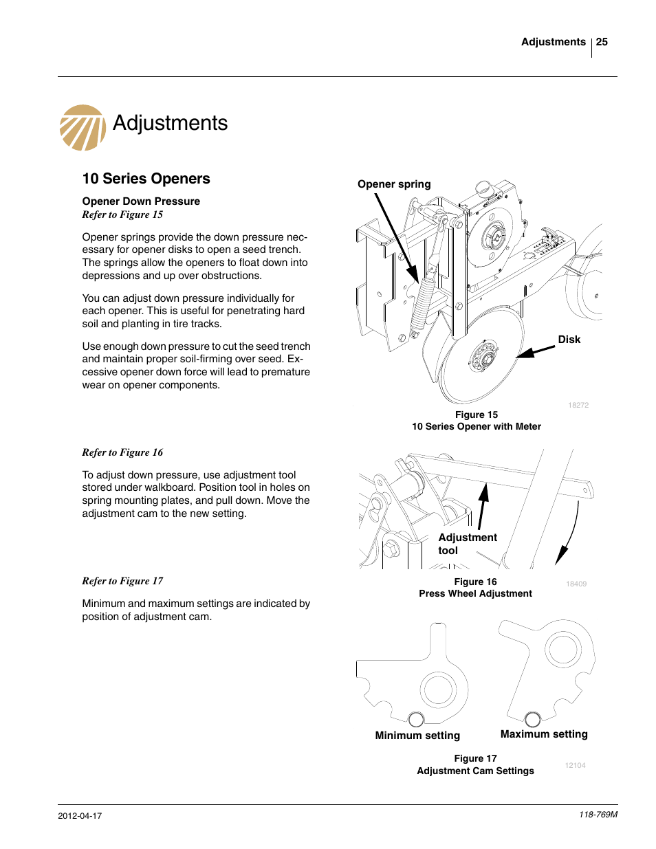 Adjustments, 10 series openers | Great Plains 2420P Operator Manual User Manual | Page 27 / 96