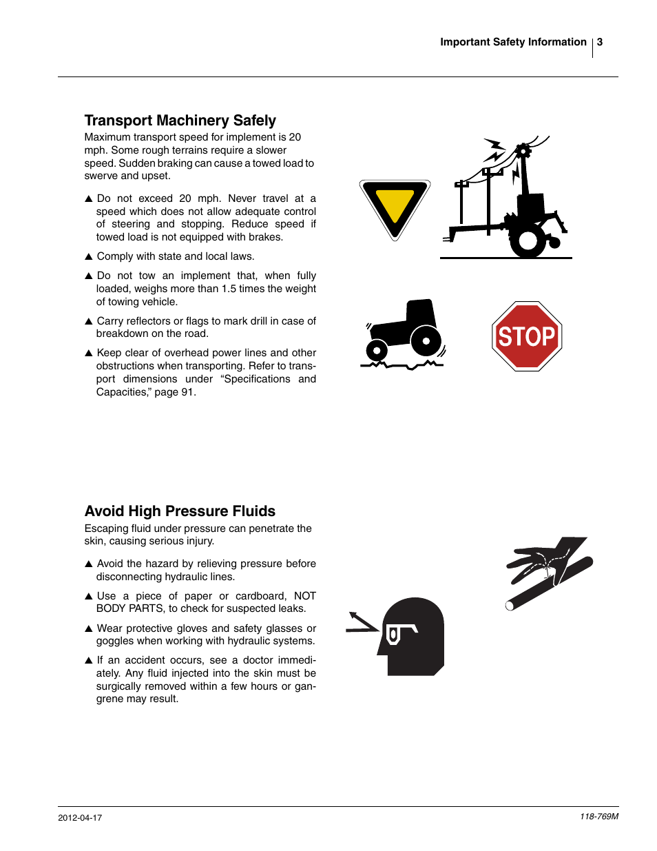 Transport machinery safely, Avoid high pressure fluids | Great Plains 2420P Operator Manual User Manual | Page 5 / 96