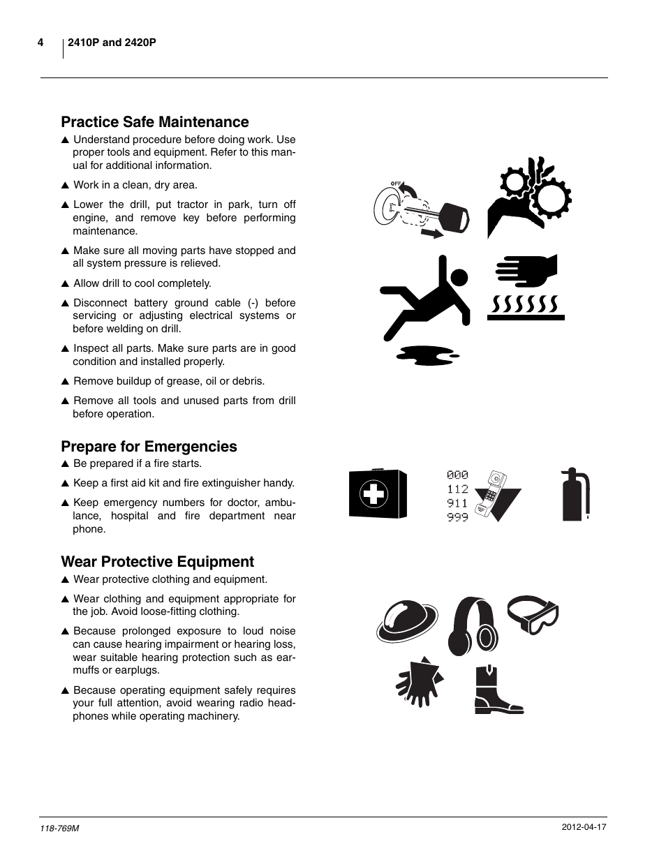 Practice safe maintenance, Prepare for emergencies, Wear protective equipment | Great Plains 2420P Operator Manual User Manual | Page 6 / 96