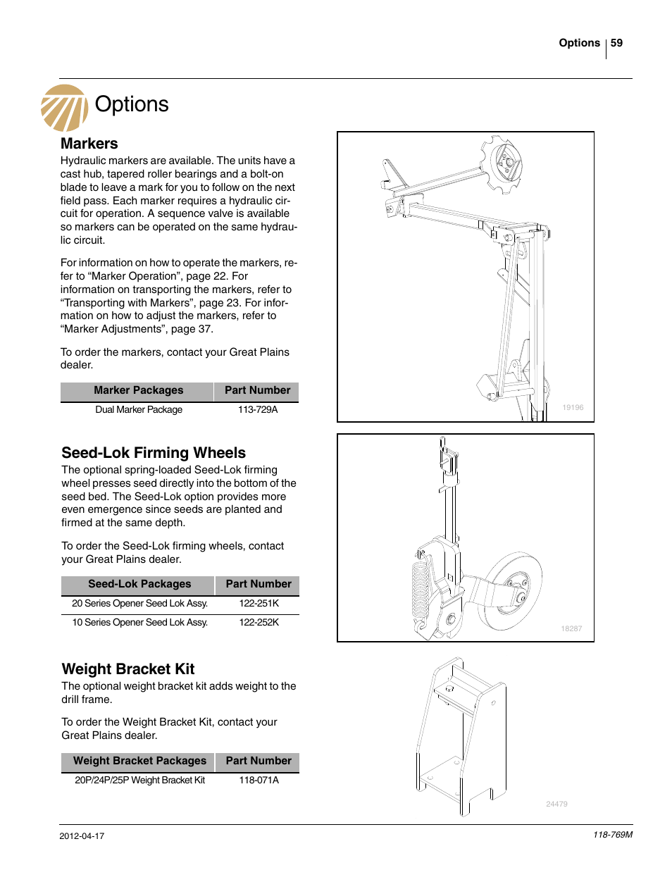 Options, Markers, Seed-lok firming wheels | Weight bracket kit | Great Plains 2420P Operator Manual User Manual | Page 61 / 96