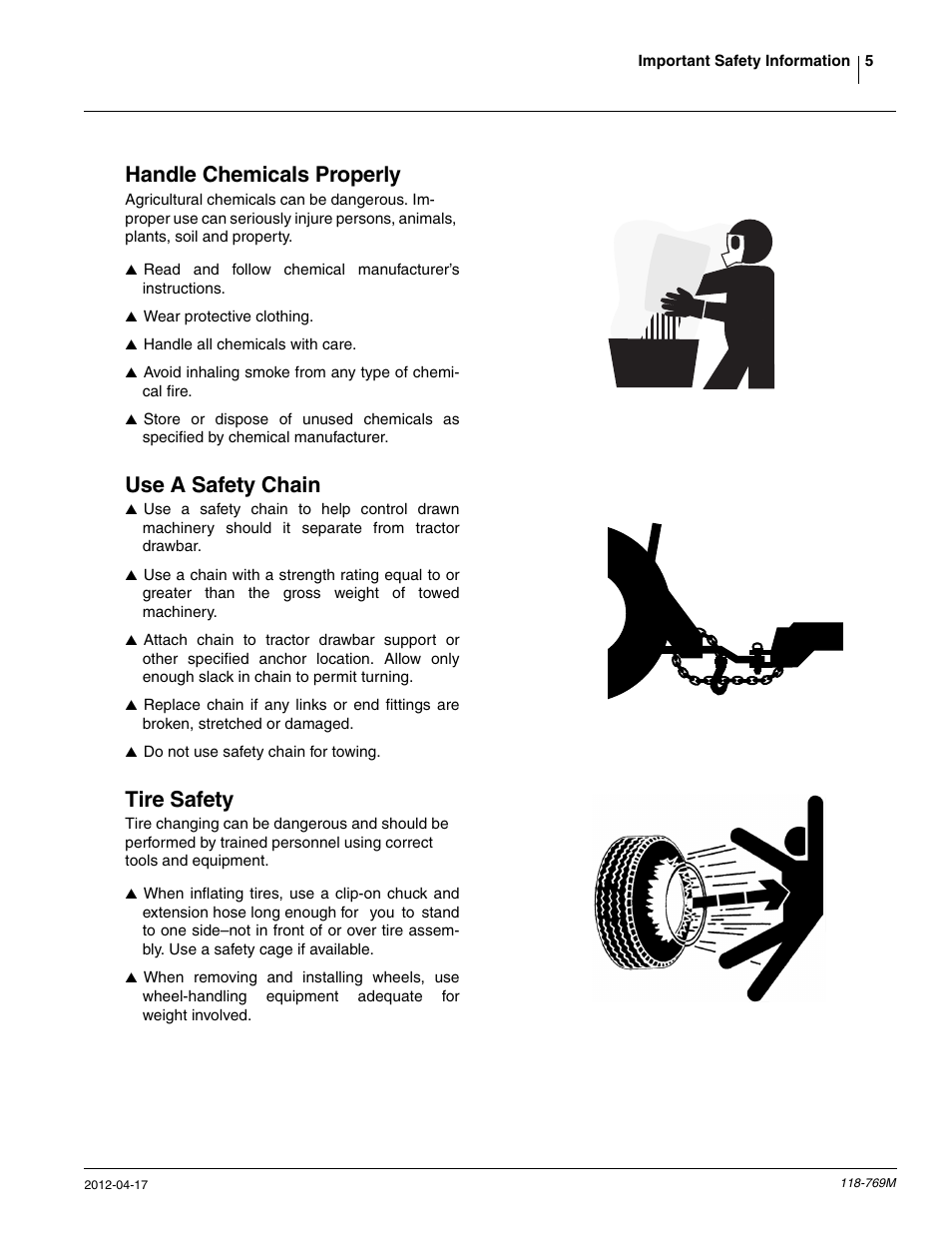 Handle chemicals properly, Use a safety chain, Tire safety | Great Plains 2420P Operator Manual User Manual | Page 7 / 96