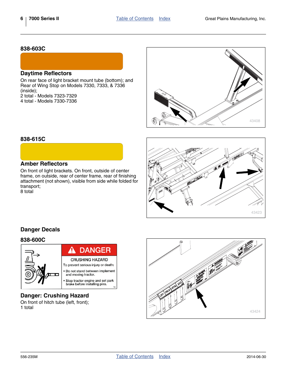 603c daytime reflectors, 615c amber reflectors, Danger decals | 600c danger: crushing hazard | Great Plains 7336 DH Operator Manual User Manual | Page 10 / 44