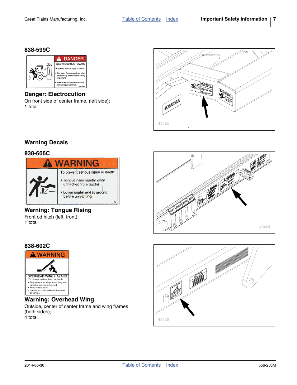 599c danger: electrocution, Warning decals, 606c warning: tongue rising | 602c warning: overhead wing | Great Plains 7336 DH Operator Manual User Manual | Page 11 / 44