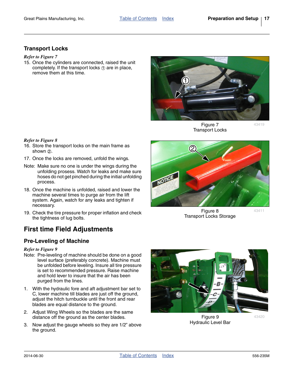 Transport locks, First time field adjustments, Pre-leveling of machine | Great Plains 7336 DH Operator Manual User Manual | Page 21 / 44