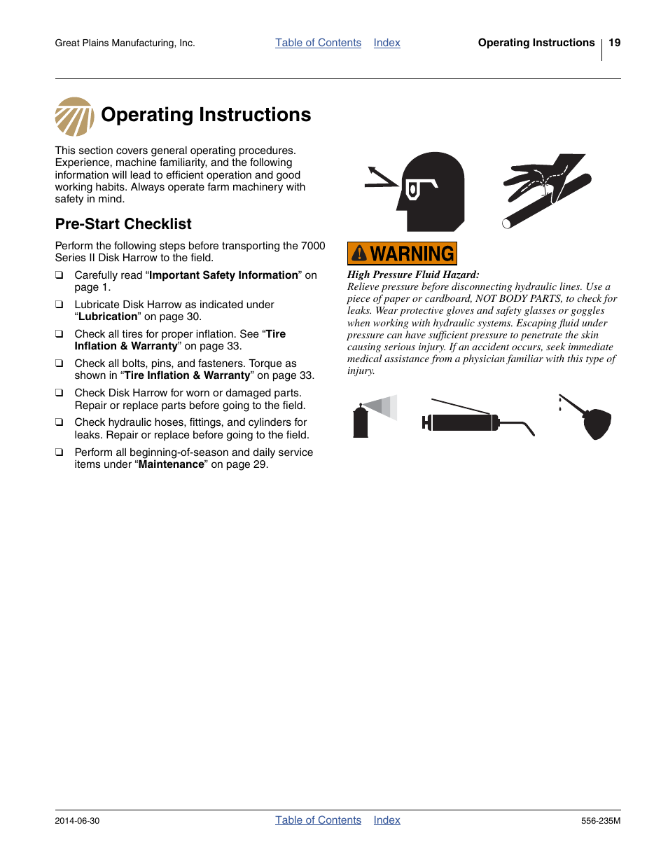 Operating instructions, Pre-start checklist, Operating instructions pre-start checklist | Great Plains 7336 DH Operator Manual User Manual | Page 23 / 44