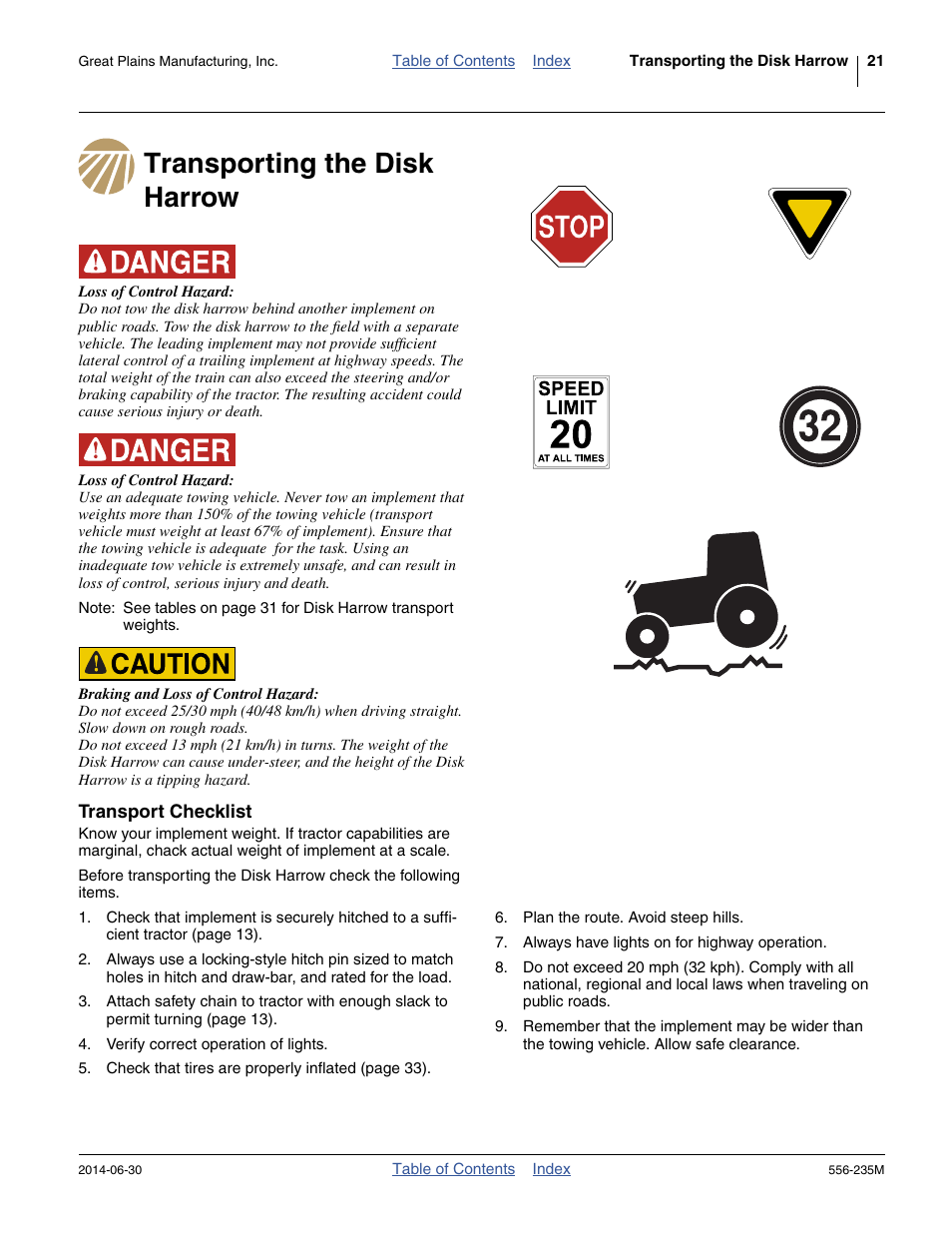 Transporting the disk harrow, Transport checklist | Great Plains 7336 DH Operator Manual User Manual | Page 25 / 44