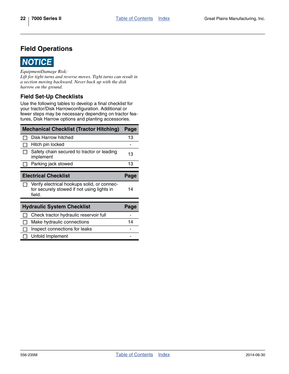 Field operations, Field set-up checklists | Great Plains 7336 DH Operator Manual User Manual | Page 26 / 44