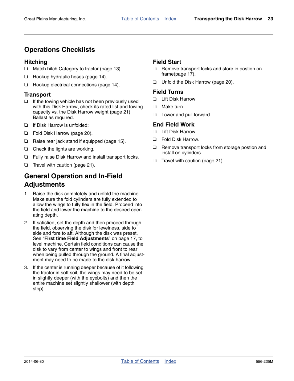 Operations checklists, Hitching, Transport | Field start, Field turns, End field work, General operation and in-field adjustments | Great Plains 7336 DH Operator Manual User Manual | Page 27 / 44