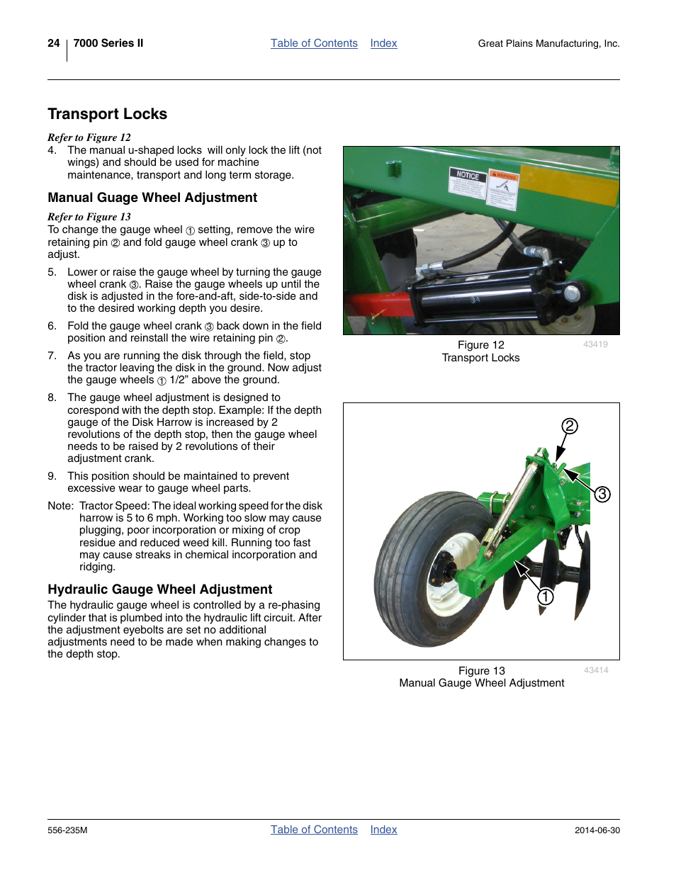 Transport locks, Manual guage wheel adjustment, Hydraulic gauge wheel adjustment | Great Plains 7336 DH Operator Manual User Manual | Page 28 / 44