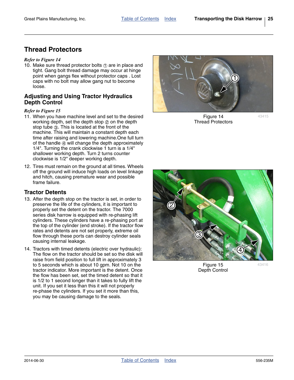 Thread protectors, Tractor detents, Adjusting and using tractor hydraulics | Depth control | Great Plains 7336 DH Operator Manual User Manual | Page 29 / 44