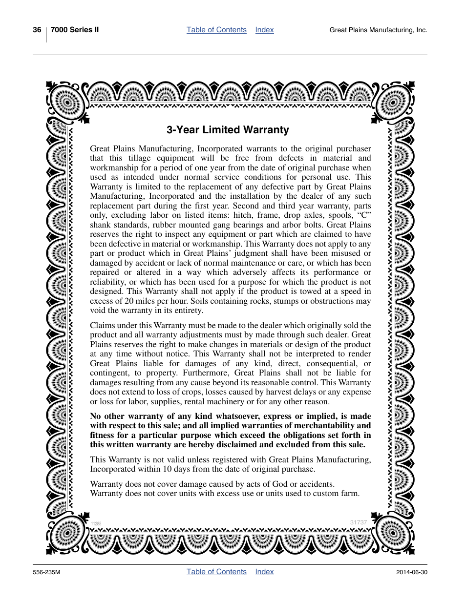 Warranty, Year limited warranty | Great Plains 7336 DH Operator Manual User Manual | Page 40 / 44