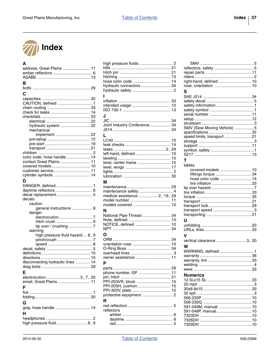 Index | Great Plains 7336 DH Operator Manual User Manual | Page 41 / 44