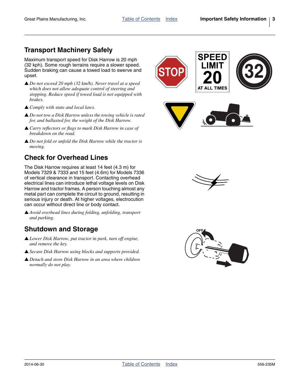 Transport machinery safely, Check for overhead lines, Shutdown and storage | Great Plains 7336 DH Operator Manual User Manual | Page 7 / 44