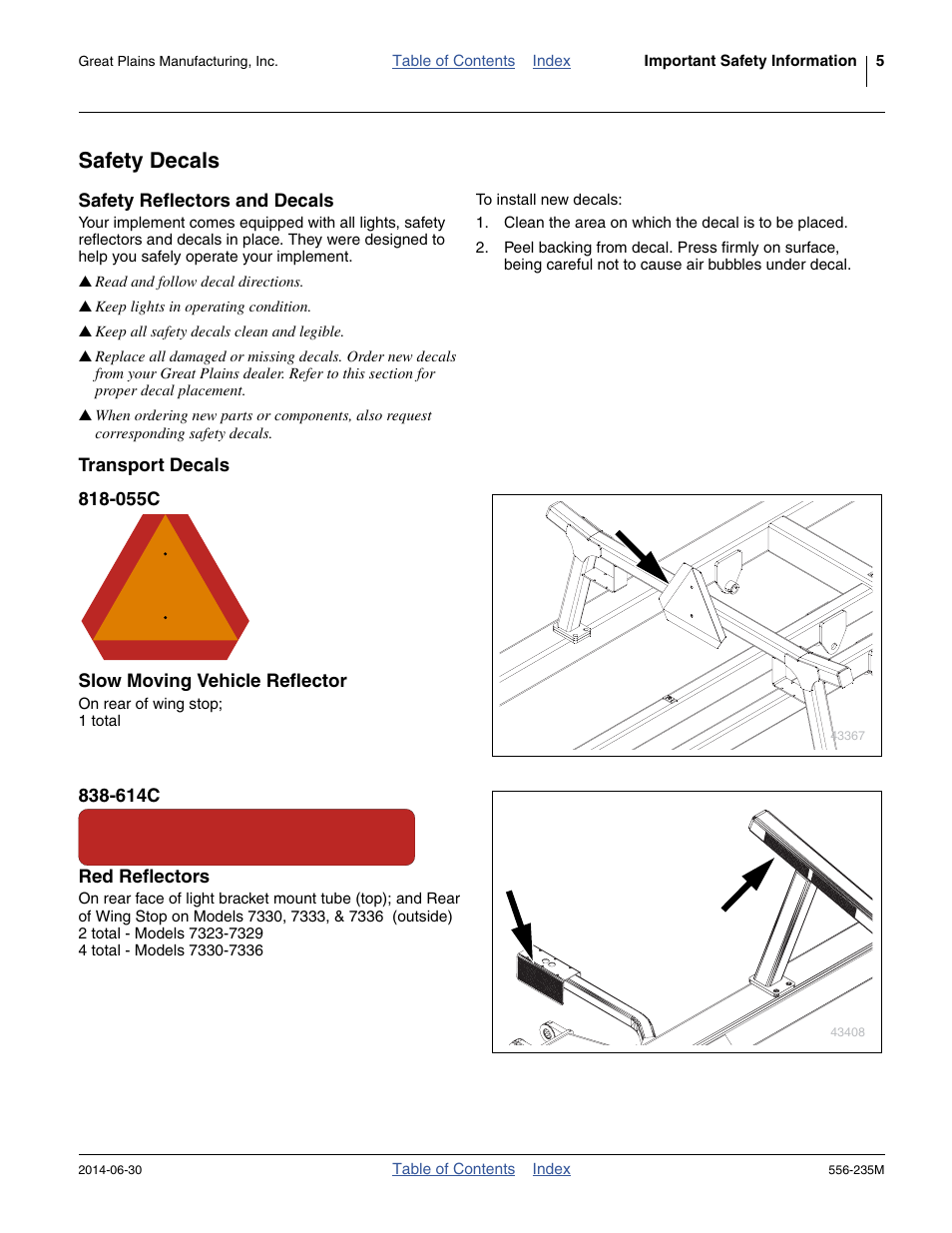Safety decals, Safety reflectors and decals, Transport decals | 055c slow moving vehicle reflector, 614c red reflectors | Great Plains 7336 DH Operator Manual User Manual | Page 9 / 44