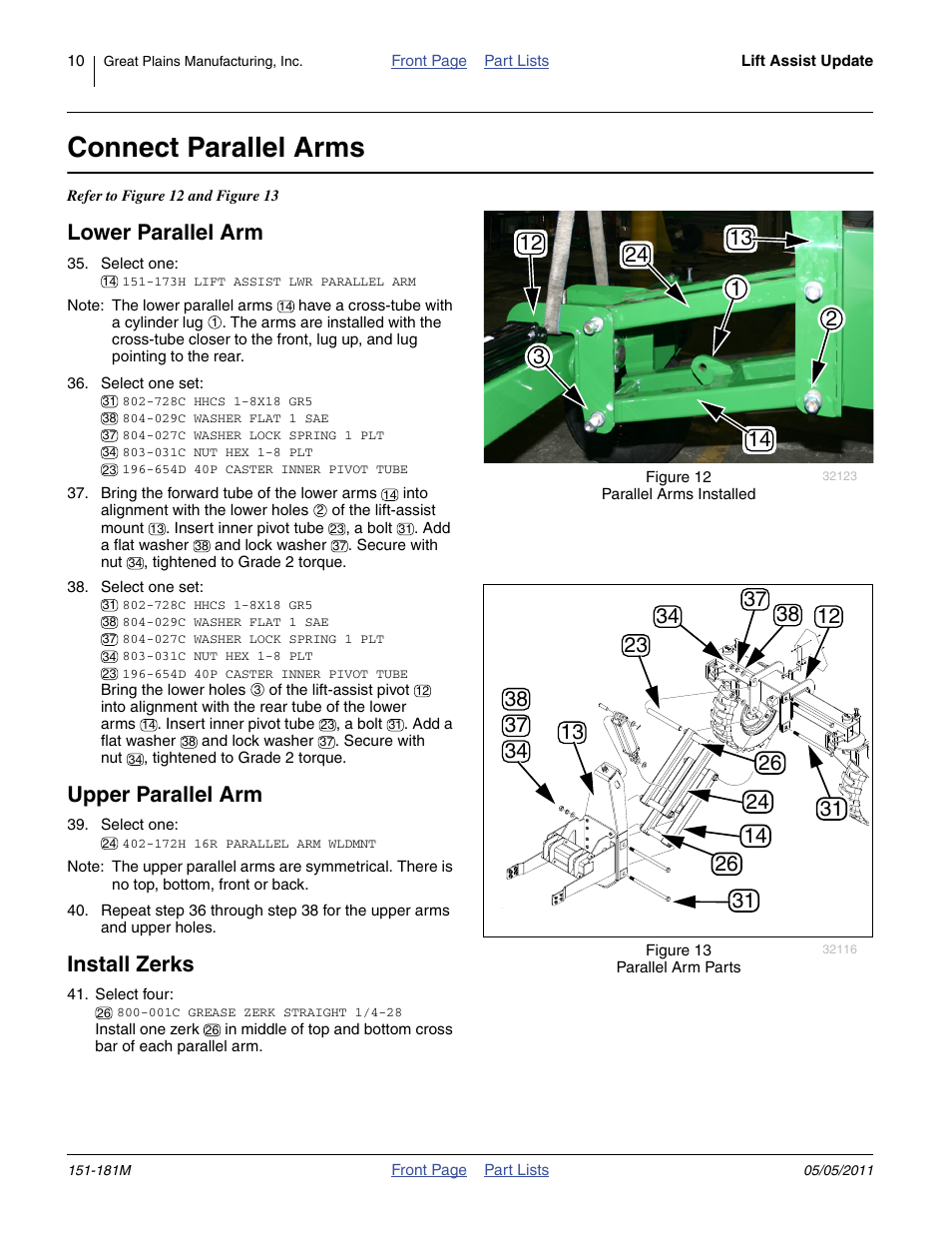 Connect parallel arms, Lower parallel arm, Upper parallel arm | Install zerks | Great Plains 3P1006NT Assembly Instructions User Manual | Page 10 / 16