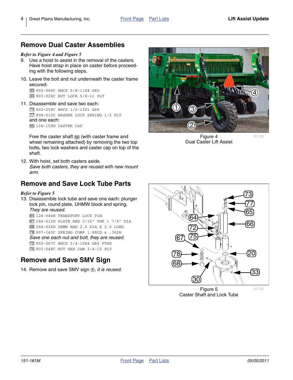 See figure 4), Remove dual caster assemblies, Remove and save lock tube parts | Remove and save smv sign | Great Plains 3P1006NT Assembly Instructions User Manual | Page 4 / 16
