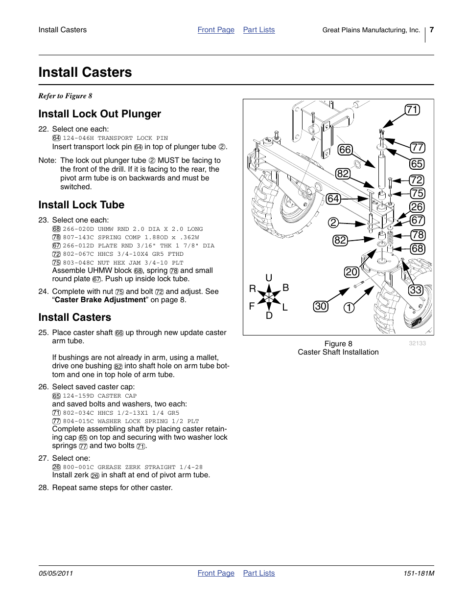 Install casters, Install lock out plunger, Install lock tube | Great Plains 3P1006NT Assembly Instructions User Manual | Page 7 / 16