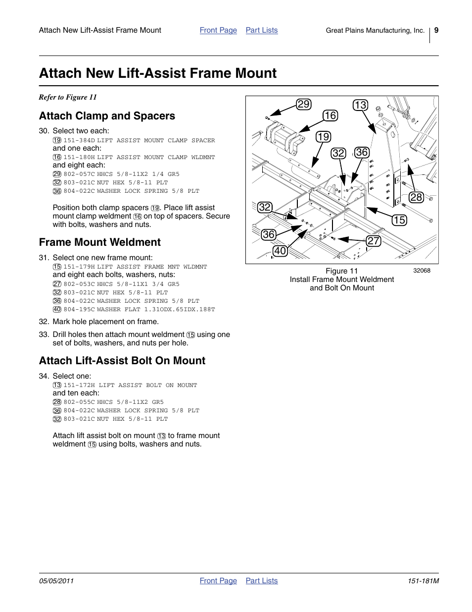 Attach new lift-assist frame mount, Attach clamp and spacers, Frame mount weldment | Attach lift-assist bolt on mount | Great Plains 3P1006NT Assembly Instructions User Manual | Page 9 / 16