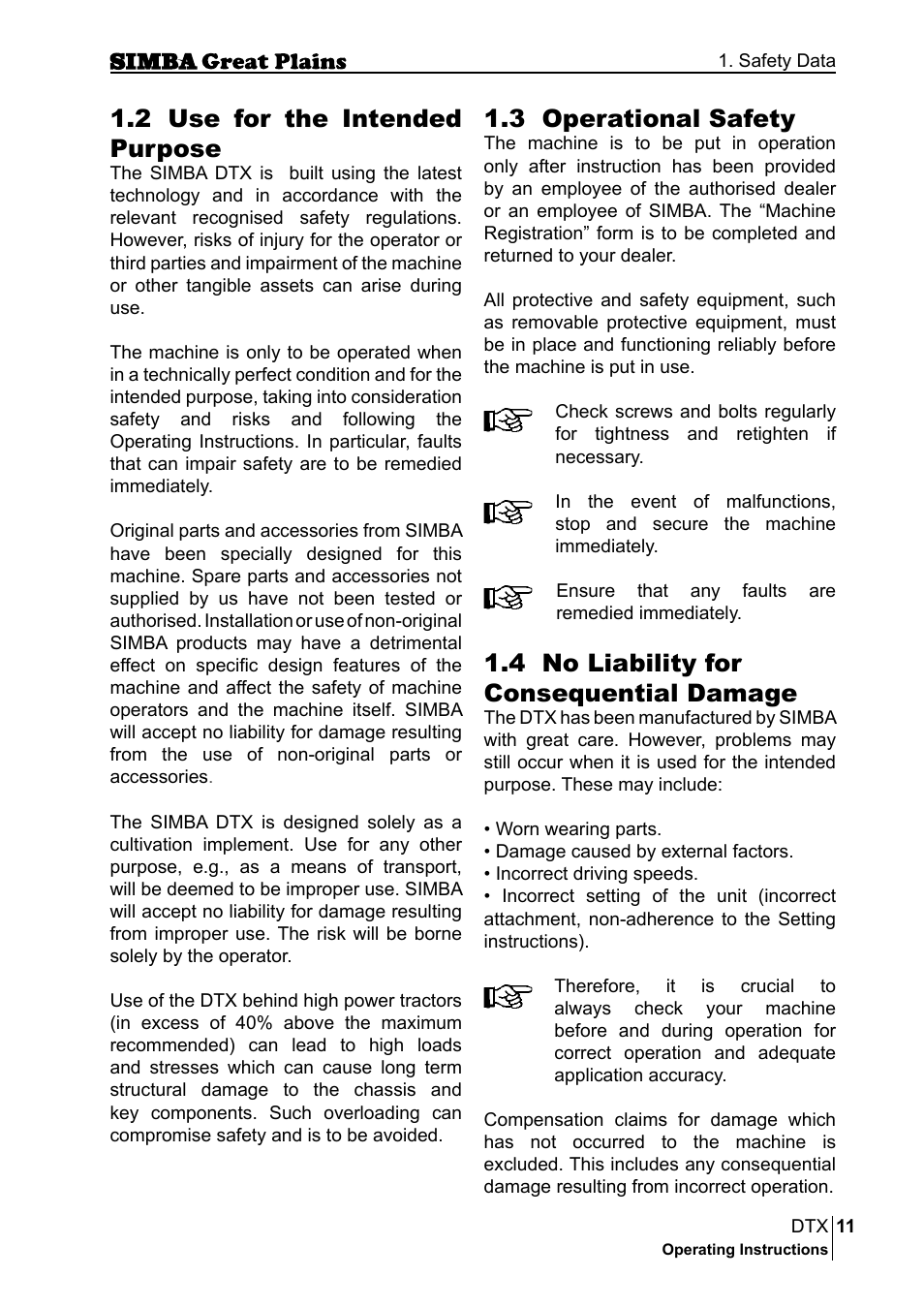 3 operational safety, 4 no liability for consequential damage, 2 use for the intended purpose | Great Plains P18028E Operator Manual User Manual | Page 11 / 88