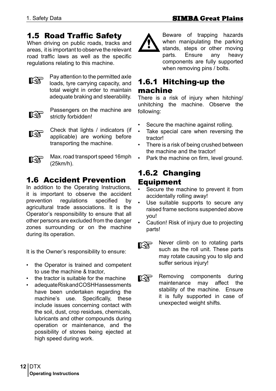 1 hitching-up the machine, 2 changing equipment, 5 road traffic safety | 6 accident prevention | Great Plains P18028E Operator Manual User Manual | Page 12 / 88