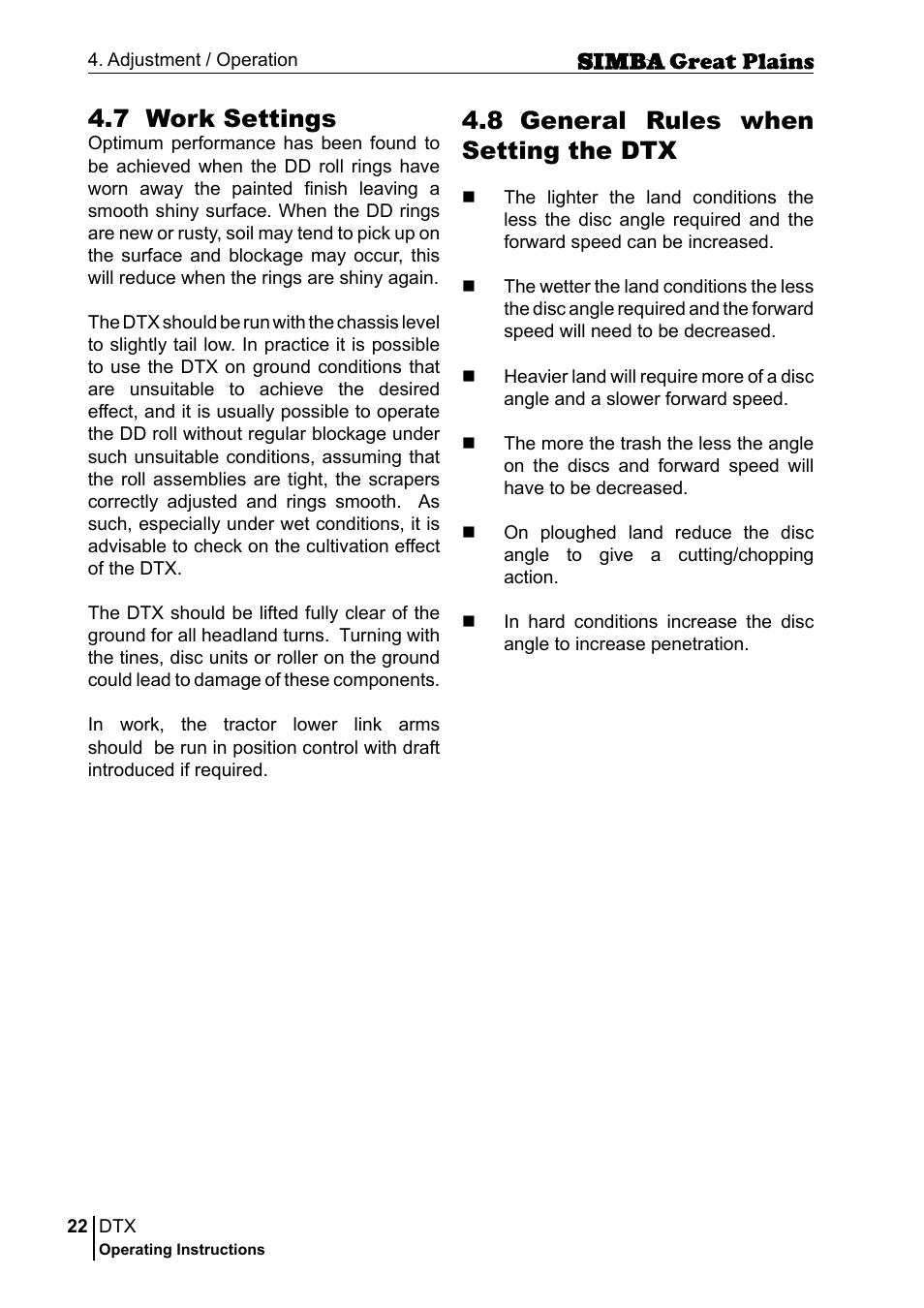 7 work settings, 8 general rules when setting the dtx | Great Plains P18028E Operator Manual User Manual | Page 22 / 88
