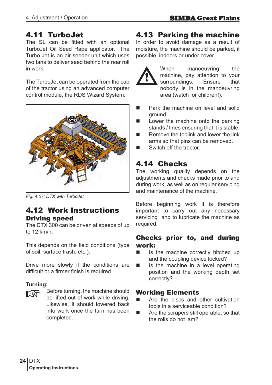 13 parking the machine, 11 turbojet, 12 work instructions | 14 checks | Great Plains P18028E Operator Manual User Manual | Page 24 / 88