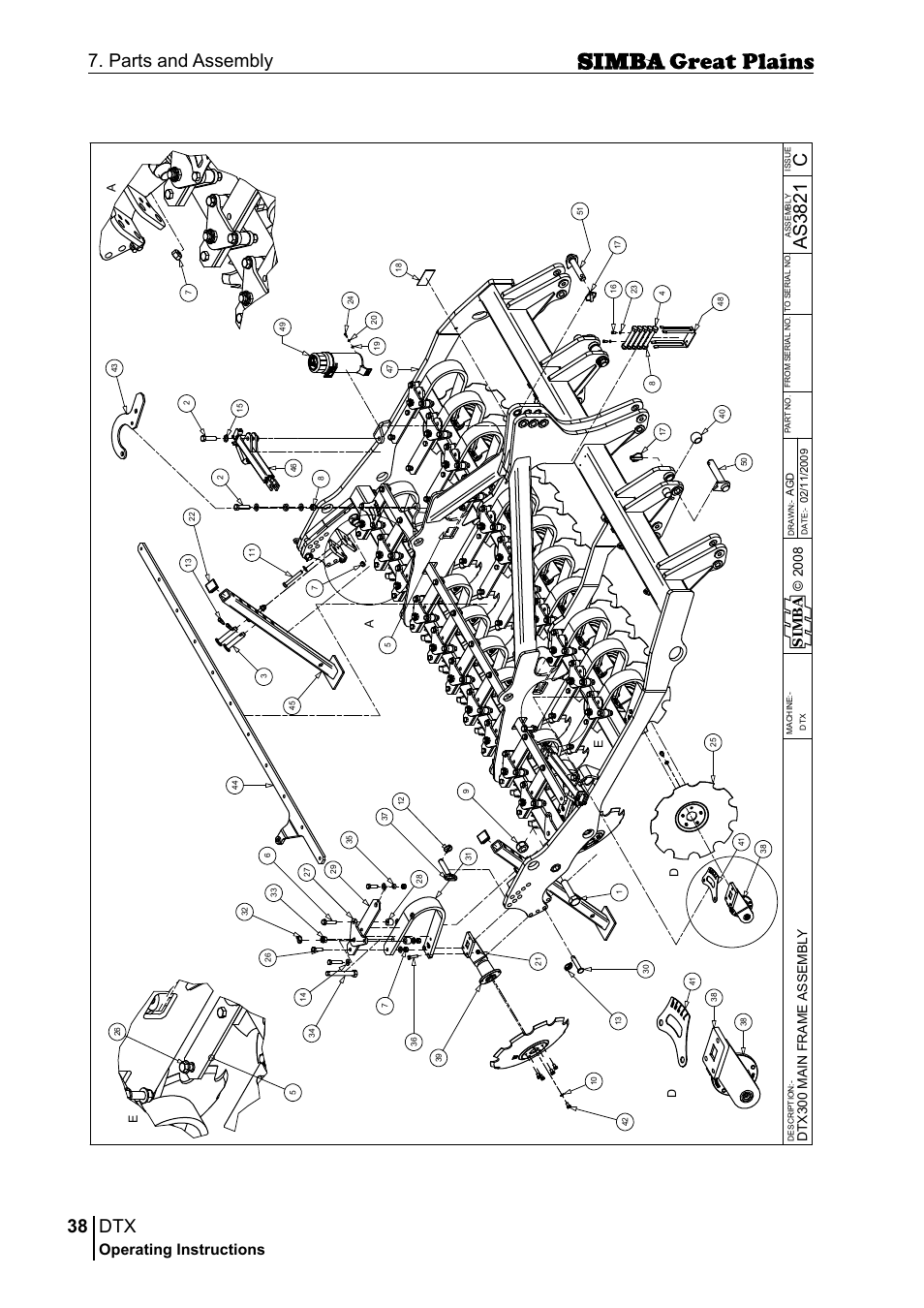 38 7. parts and assembly, Cas 38 21, Operating instructions | Si m b a | Great Plains P18028E Operator Manual User Manual | Page 38 / 88