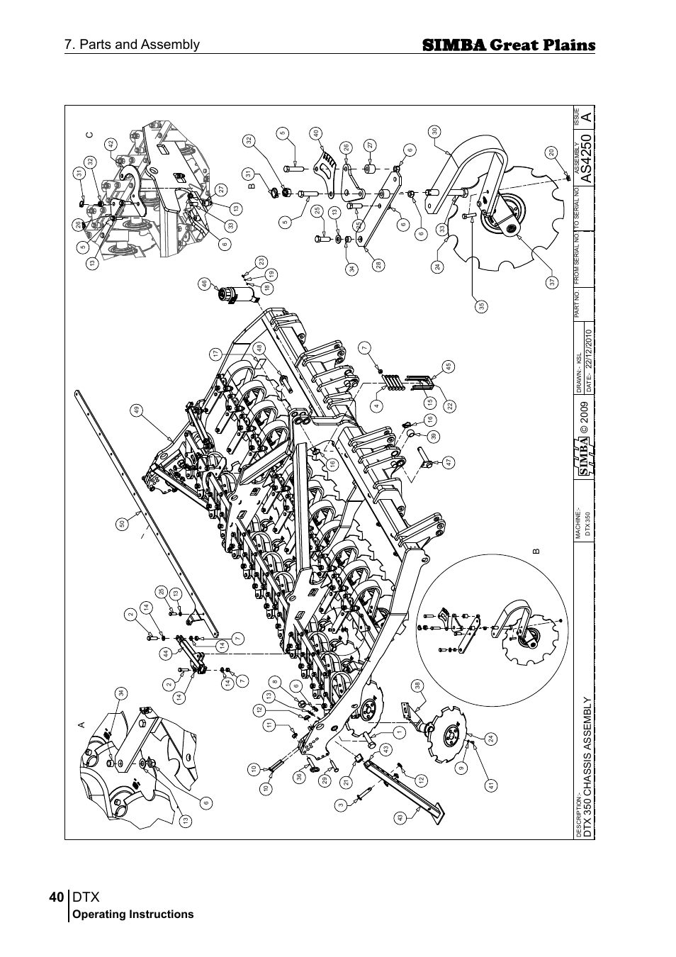 40 7. parts and assembly, Aas 42 50, Operating instructions | Si m b a, Ab c | Great Plains P18028E Operator Manual User Manual | Page 40 / 88