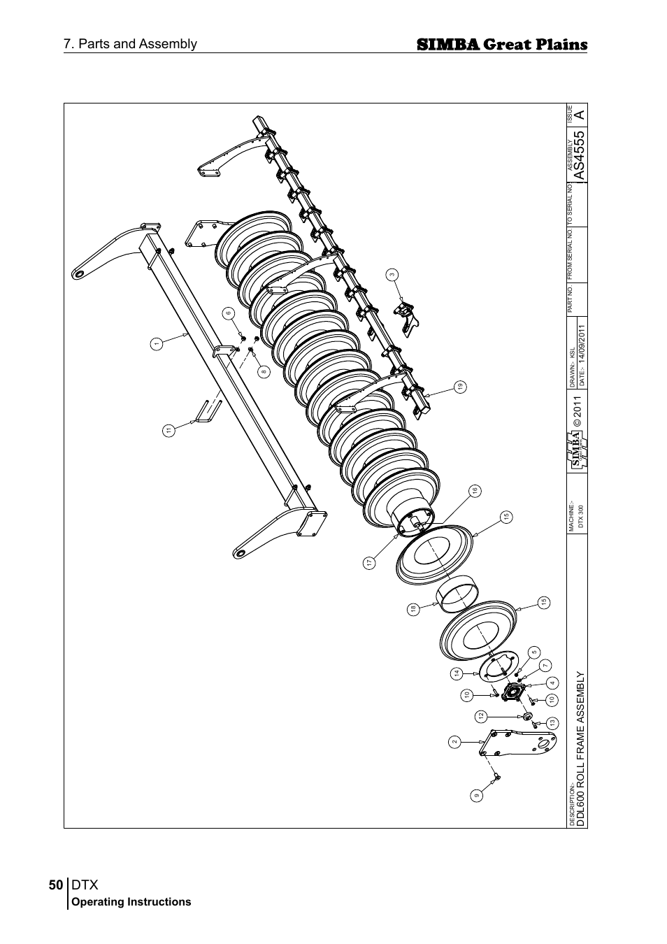 50 7. parts and assembly, Aas 45 55, Operating instructions | Si m b a | Great Plains P18028E Operator Manual User Manual | Page 50 / 88
