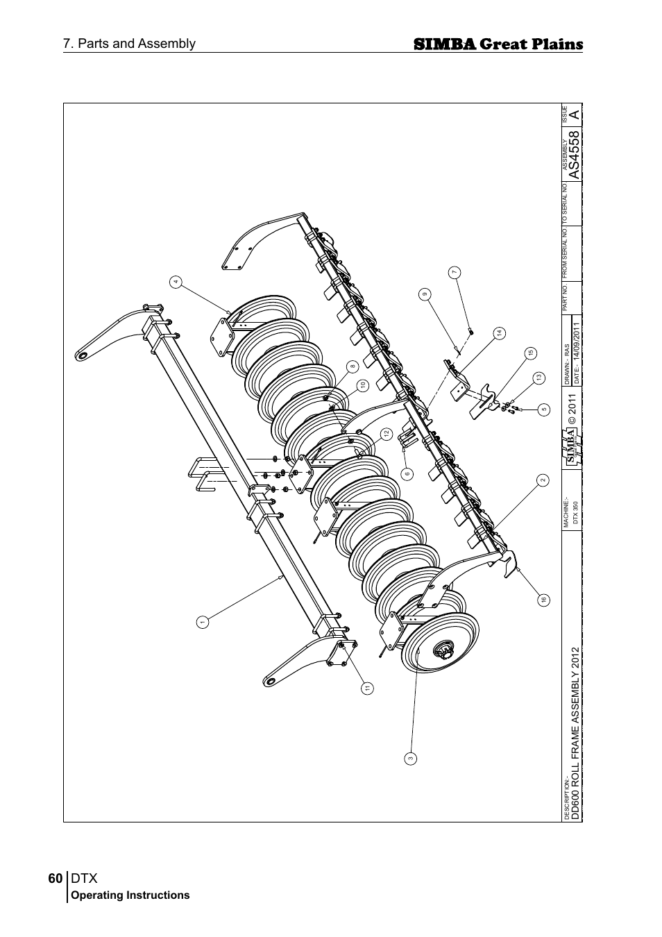 60 7. parts and assembly, Aas 45 58, Operating instructions | Si m b a | Great Plains P18028E Operator Manual User Manual | Page 60 / 88