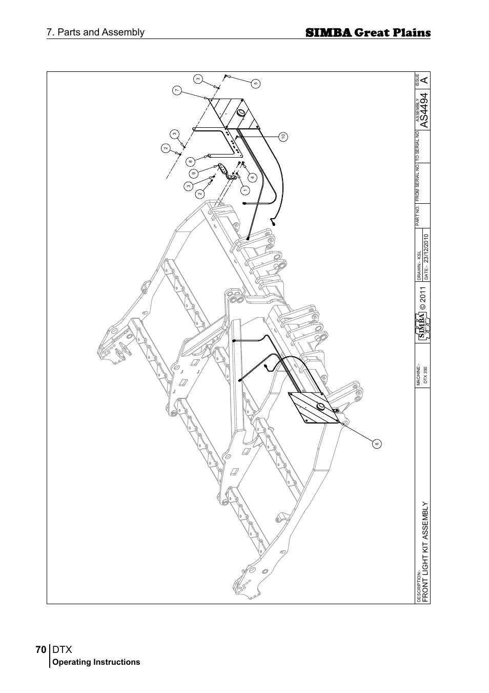 70 7. parts and assembly, Aas 44 94, Operating instructions | Si m b a | Great Plains P18028E Operator Manual User Manual | Page 70 / 88
