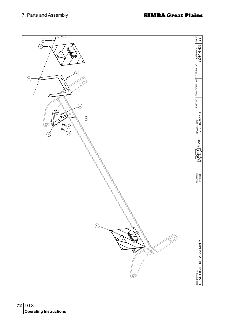 72 7. parts and assembly, Aas 44 93, Operating instructions | Si m b a, Rea r l ig h t ki t a ss em b ly | Great Plains P18028E Operator Manual User Manual | Page 72 / 88