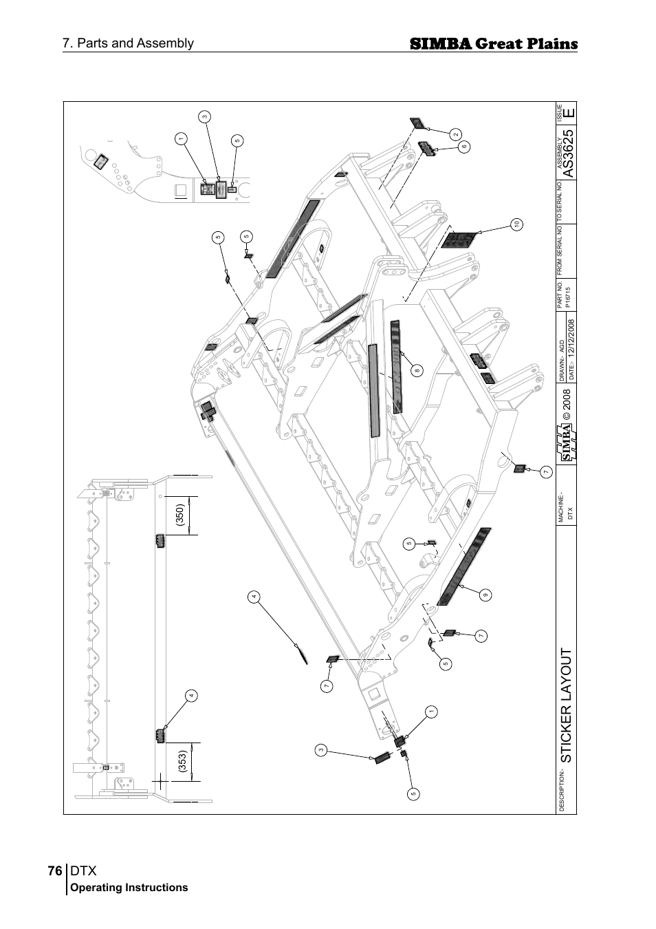 76 7. parts and assembly, As 36 25 st ic ke r l ay o u t, Operating instructions | Si m b a | Great Plains P18028E Operator Manual User Manual | Page 76 / 88