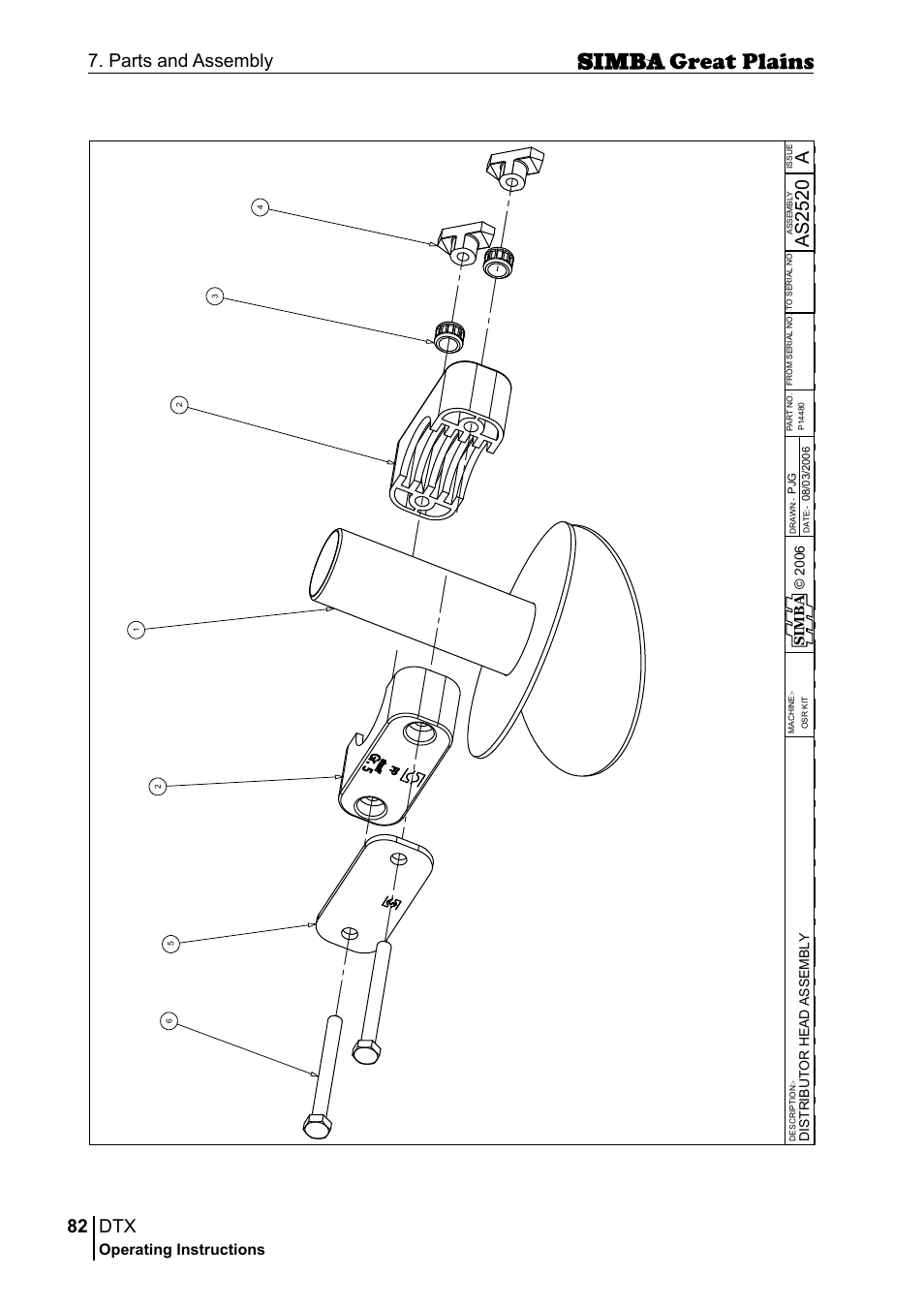 82 7. parts and assembly, Aas 25 20, Operating instructions | Si m b a, Dis tr ib u to r h ea d a ss em bl y | Great Plains P18028E Operator Manual User Manual | Page 82 / 88