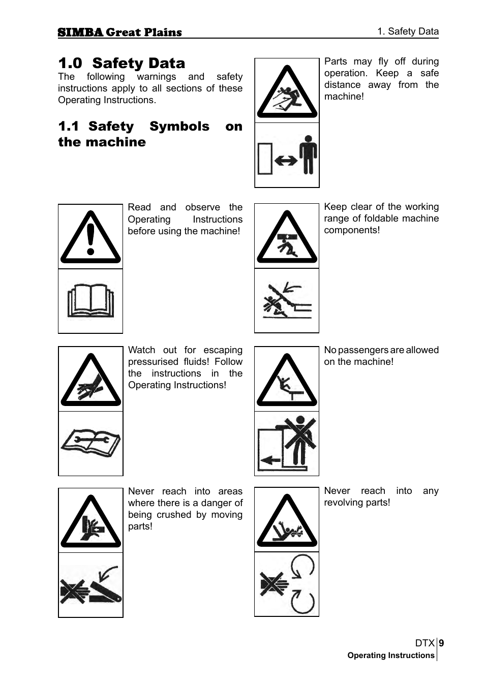 0 safety data, 1 safety symbols on the machine | Great Plains P18028E Operator Manual User Manual | Page 9 / 88