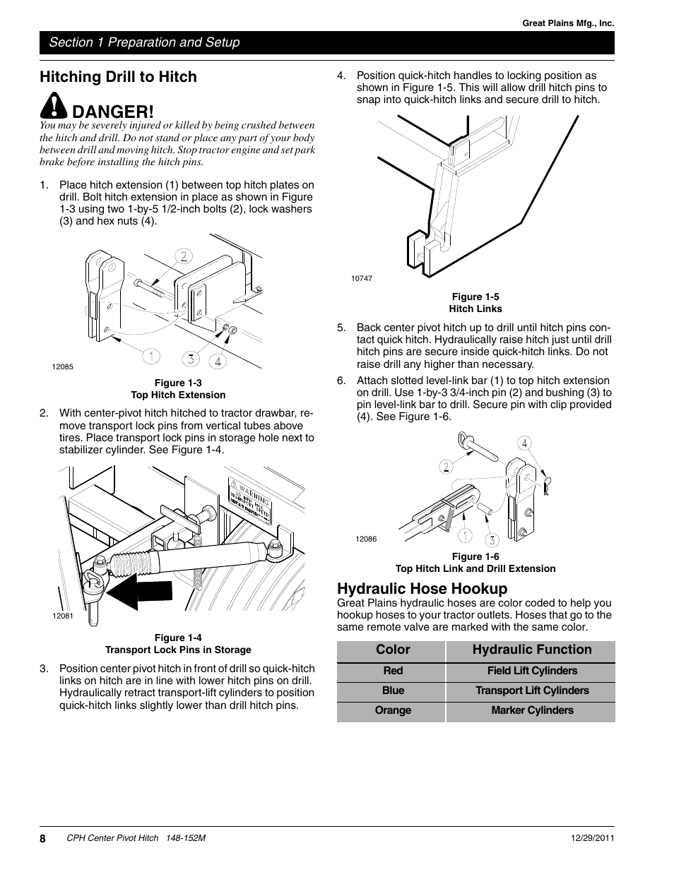 Danger, Hitching drill to hitch, Hydraulic hose hookup | Great Plains CPH-20 Operator Manual User Manual | Page 10 / 28