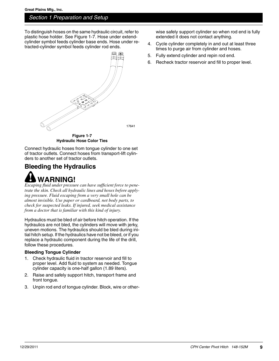 Warning, Bleeding the hydraulics | Great Plains CPH-20 Operator Manual User Manual | Page 11 / 28