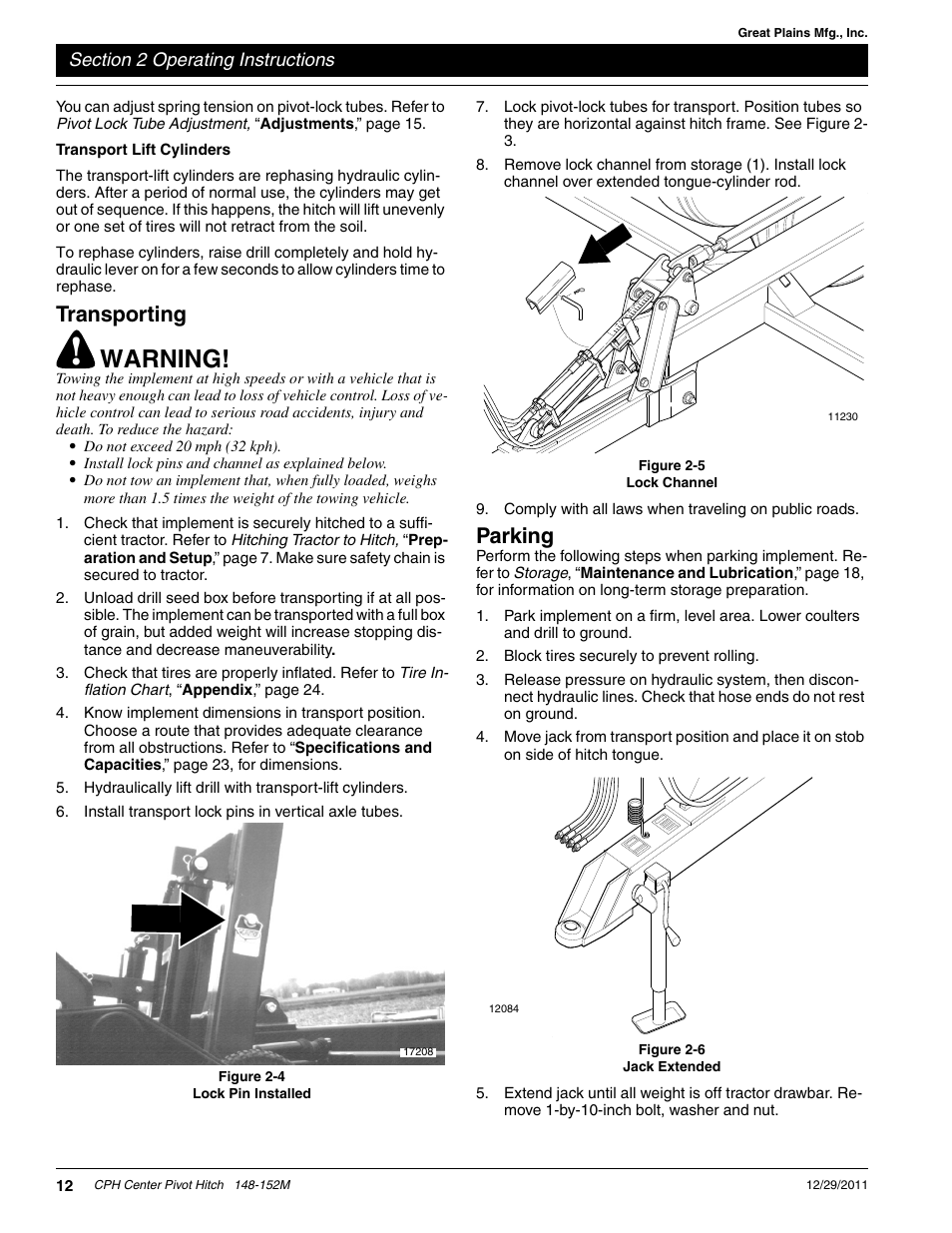Warning, Transporting, Parking | Great Plains CPH-20 Operator Manual User Manual | Page 14 / 28