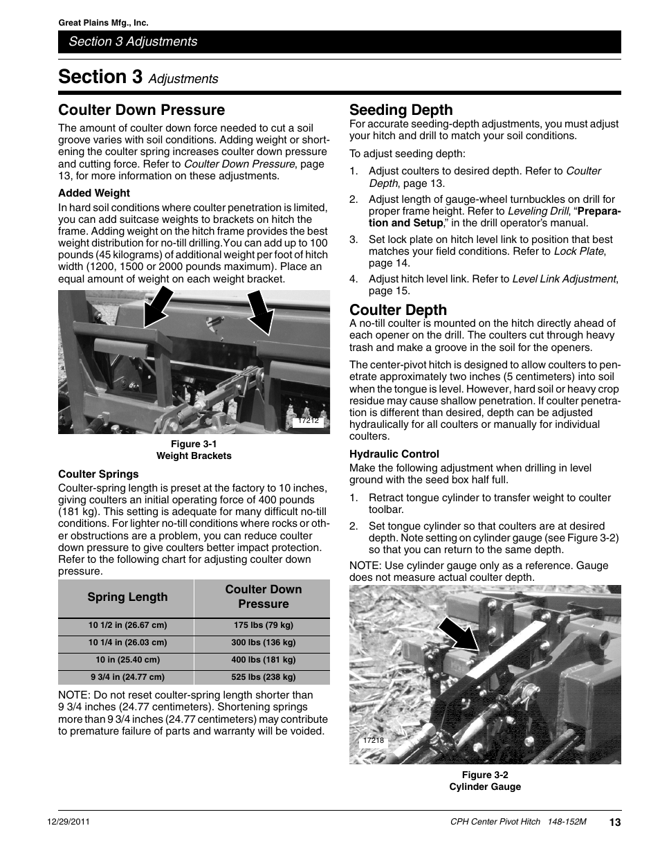 Coulter down pressure, Seeding depth, Coulter depth | Great Plains CPH-20 Operator Manual User Manual | Page 15 / 28