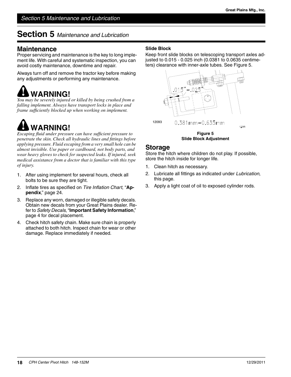 Warning, Maintenance, Storage | Great Plains CPH-20 Operator Manual User Manual | Page 20 / 28