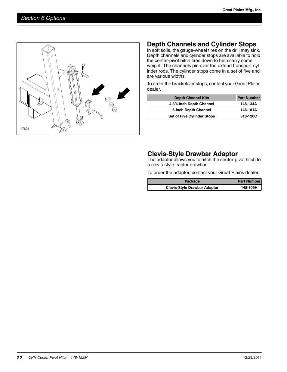 Depth channels and cylinder stops, Clevis-style drawbar adaptor | Great Plains CPH-20 Operator Manual User Manual | Page 24 / 28