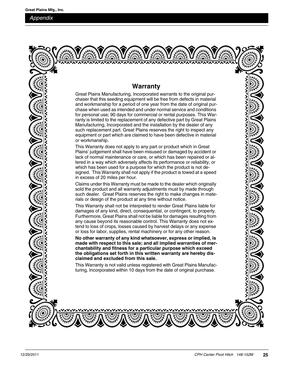 Warranty | Great Plains CPH-20 Operator Manual User Manual | Page 27 / 28