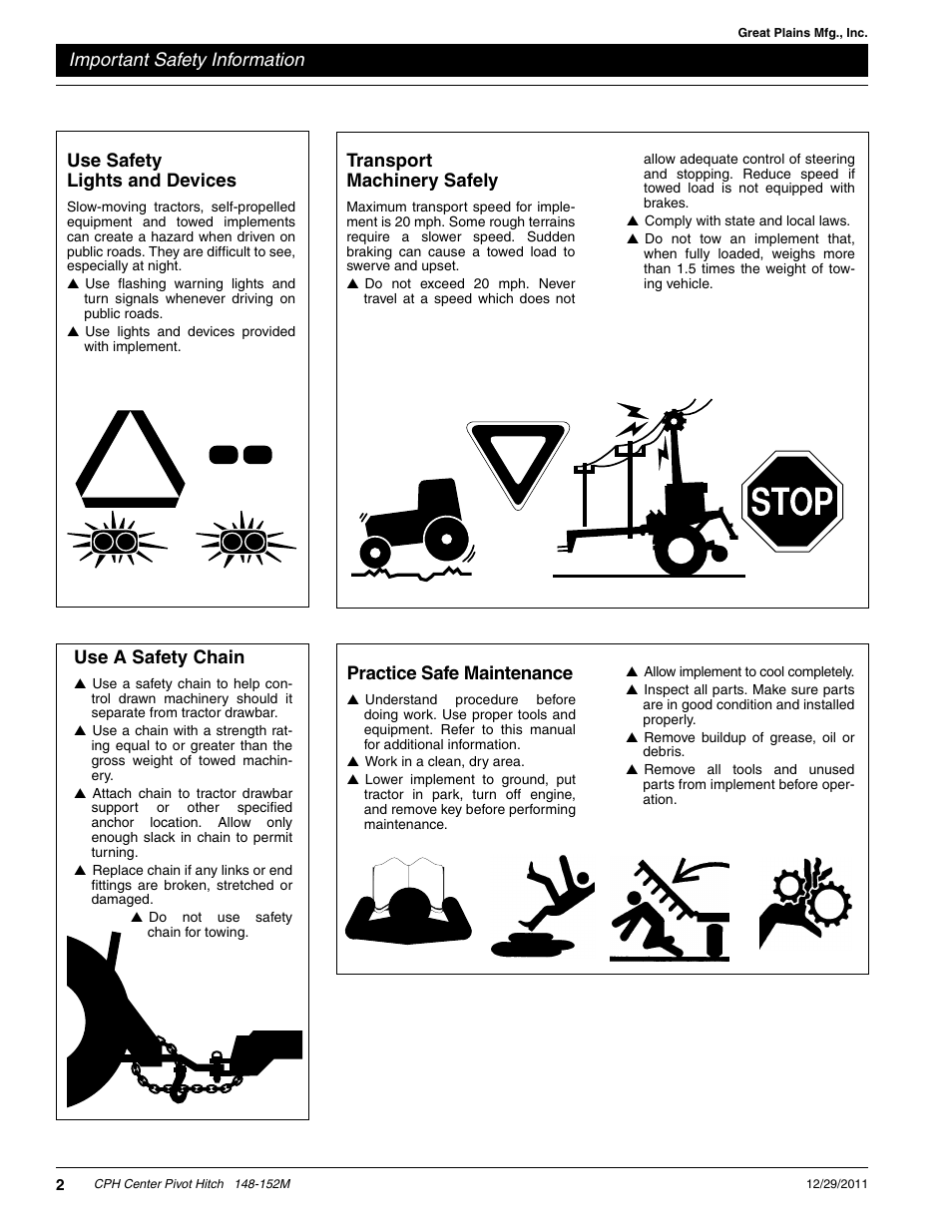 Important safety information, Transport machinery safely, Use safety lights and devices | Practice safe maintenance, Use a safety chain | Great Plains CPH-20 Operator Manual User Manual | Page 4 / 28